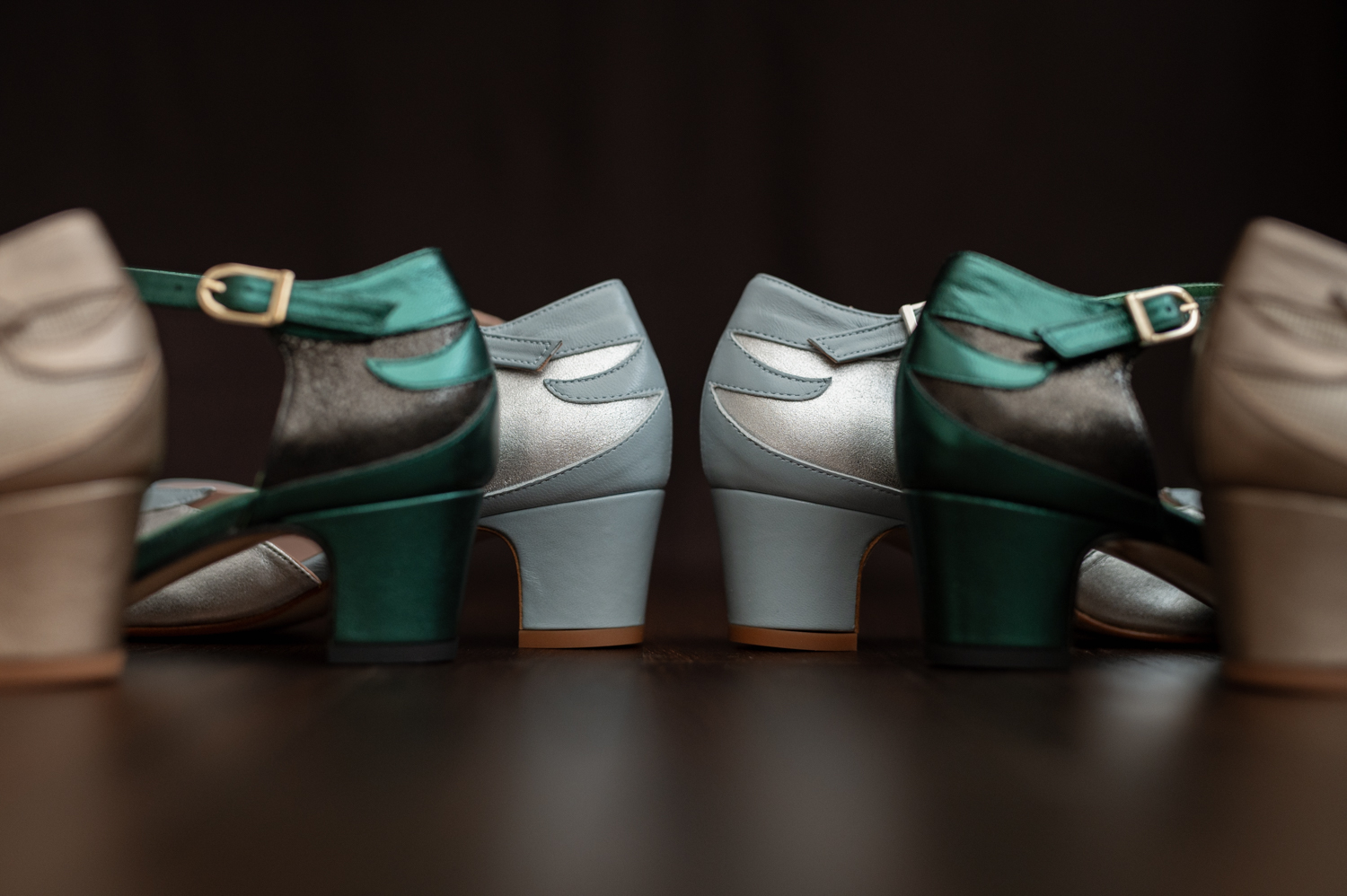 EDEN Polar, silver and light blue vintage style heels, ankle strap, padded footbed, leather sole, low, sturdy heel