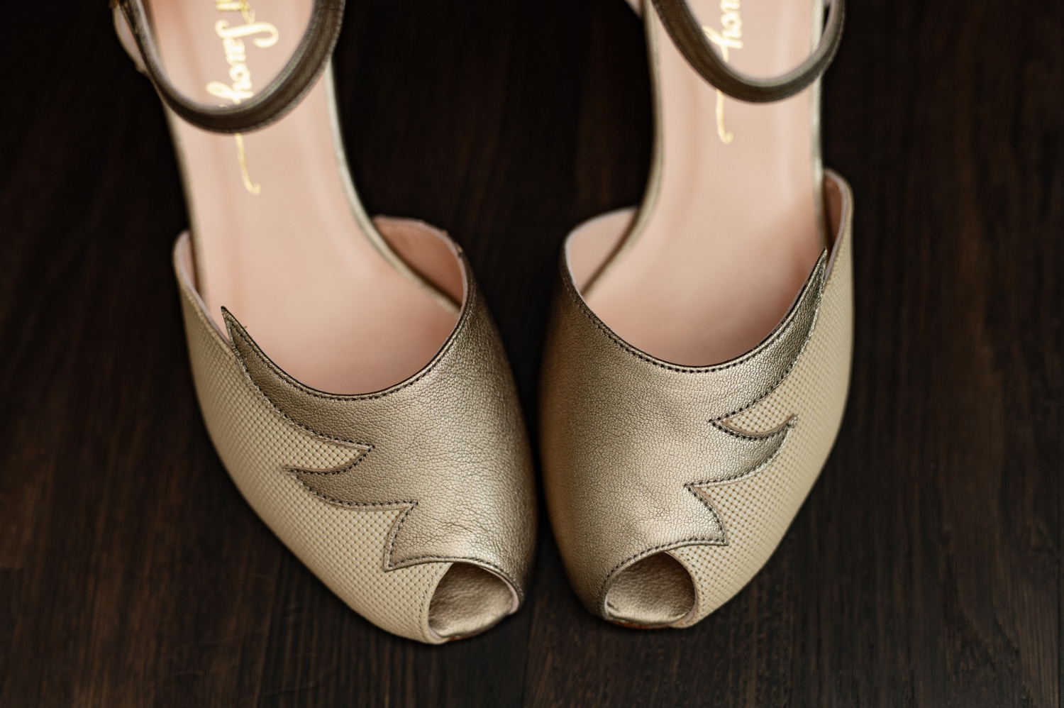 Eden Orchard, Rosé gold and beige cream leather shoe, Peep Toe, Ankle strap, soft padding