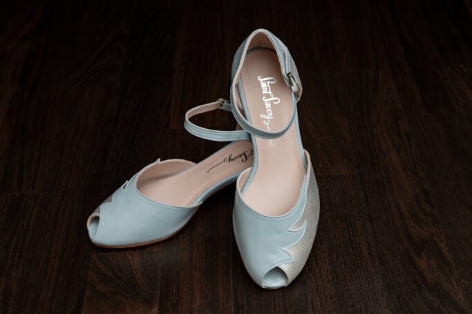 EDEN Polar, silver and light blue vintage style heels, ankle strap, padded footbed, leather sole, low, sturdy heel