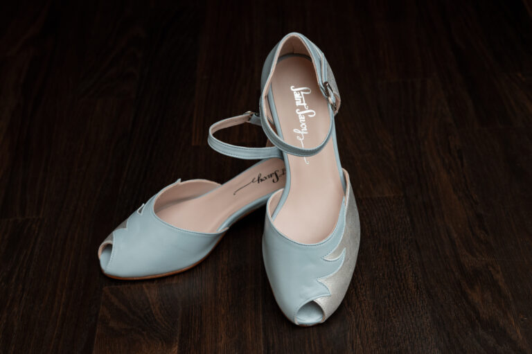 EDEN Polar, silver and light blue vintage style heels, ankle strap, padded footbed, leather sole, low, sturdy heel