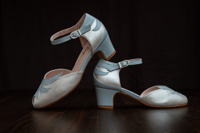 EDEN Polar, silver and light blue vintage style heels, ankle strap, padded footbed, leather sole, low, sturdy heel