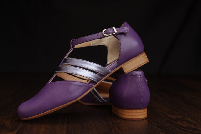 Purple leather shoe, metallic straps, leather sole, leather heel, soft leather upper