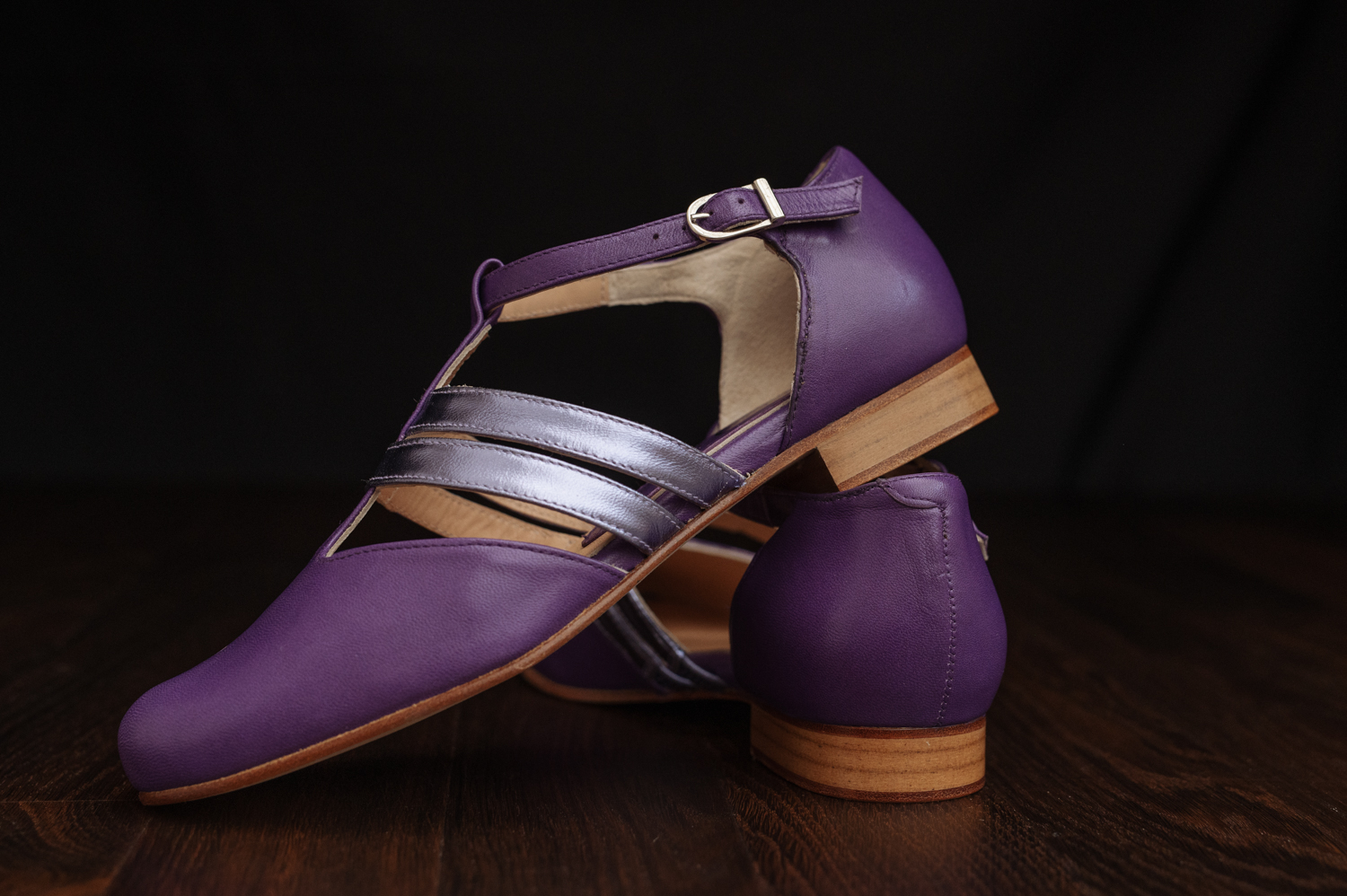 Purple leather shoe, metallic straps, leather sole, leather heel, soft leather upper